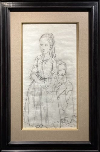 [Authenticity Guaranteed] Tsuguharu Foujita Sisters (1958) Original Pencil Drawing – With Tokyo: An exceptionally rare original pencil drawing titled Sisters (May 1958) by Tsuguharu Foujita. This is a genuine hand-drawn work, accompanied by a certificate of authenticity issued by the Tokyo Art Cl