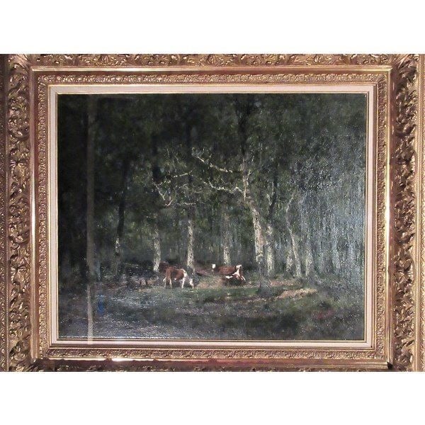 Giuseppe Ajmone Landscape with Cows Oil on Canvas (No.25) – Large-Scale Framed Work: An impressive large-format oil painting titled Landscape with Cows by Giuseppe Ajmone. Executed in No.25 size, this work depicts cattle set within a pastoral landscape. Ajmone was known for his expres