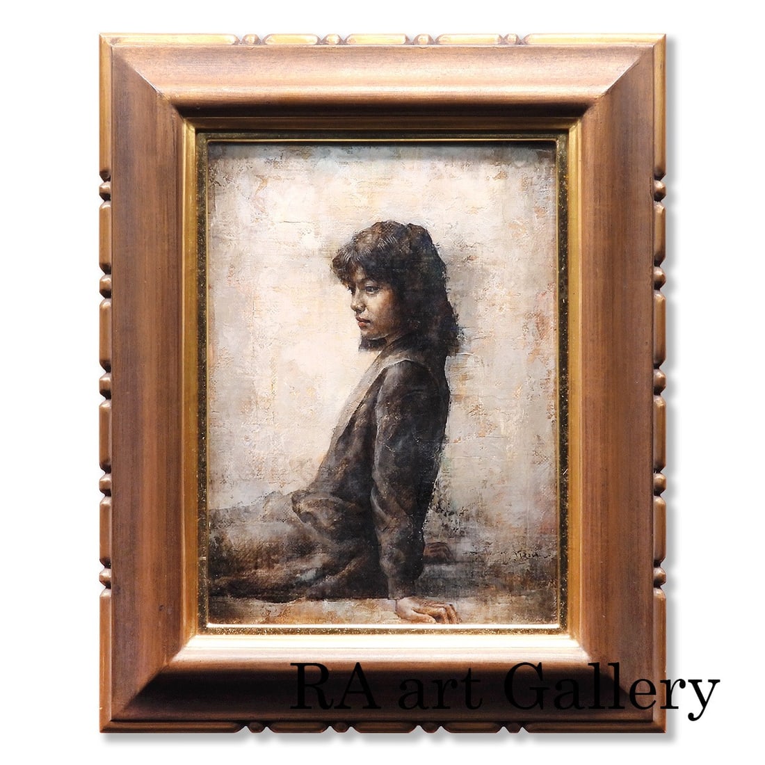 Kazutoshi Kihara Seated Girl Oil on Canvas (No.4) – Realistic Female Portrait: An original oil painting (No.4 size) by Kazutoshi Kihara, titled Seated Girl , portraying a quietly seated young girl in soft, natural light. Kihara’s work emphasizes realism and psychological depth