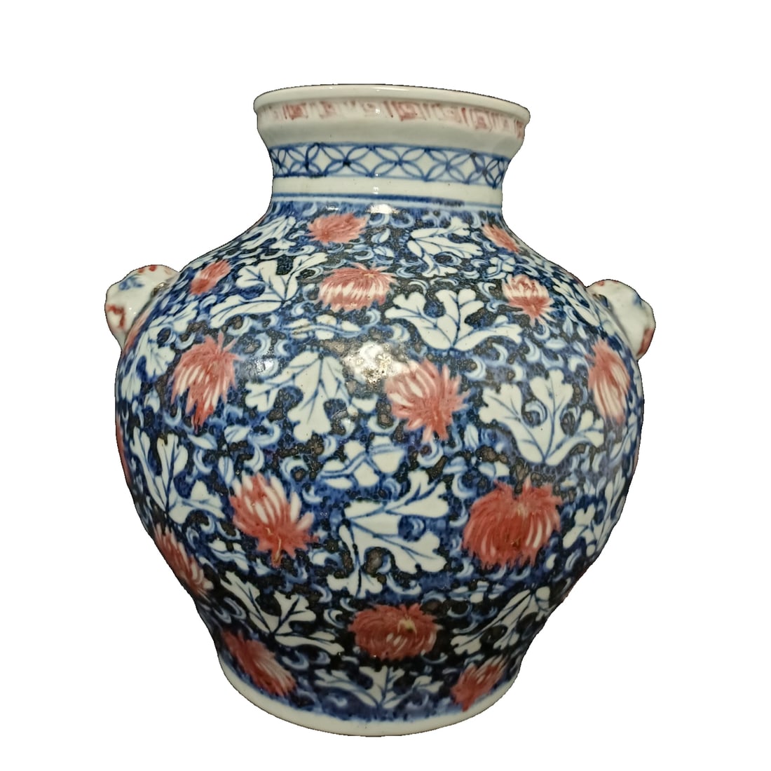 Blue and white porcelain jar with underglaze red floral pattern and tiger head design (1 of 9)