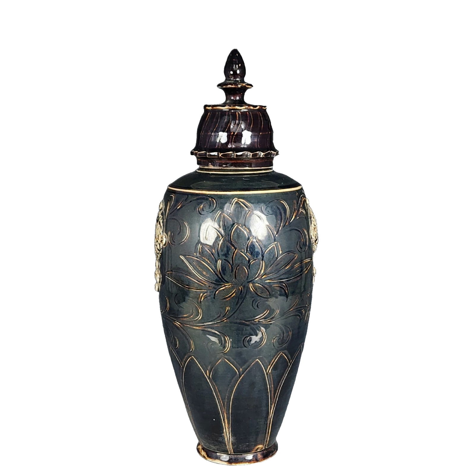 Song Dynasty Dehua kiln black glaze carved flower applique floral pattern covered vase (1 of 10)