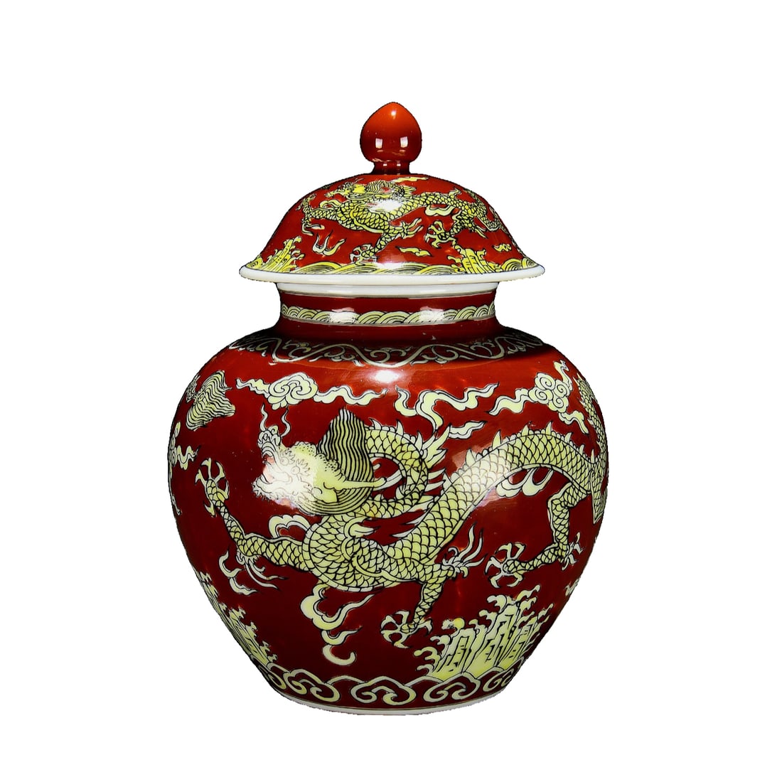 Ming Jiajing red ground yellow colored sea dragon pattern covered jar (1 of 10)