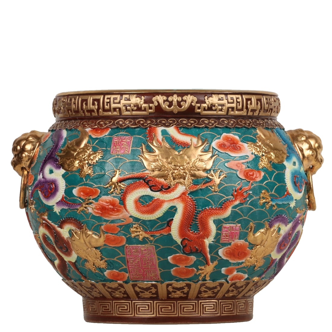 Qing Dynasty Qianlong cloisonnE gilt relief cloud dragon pattern beast ear vase (1 of 10)