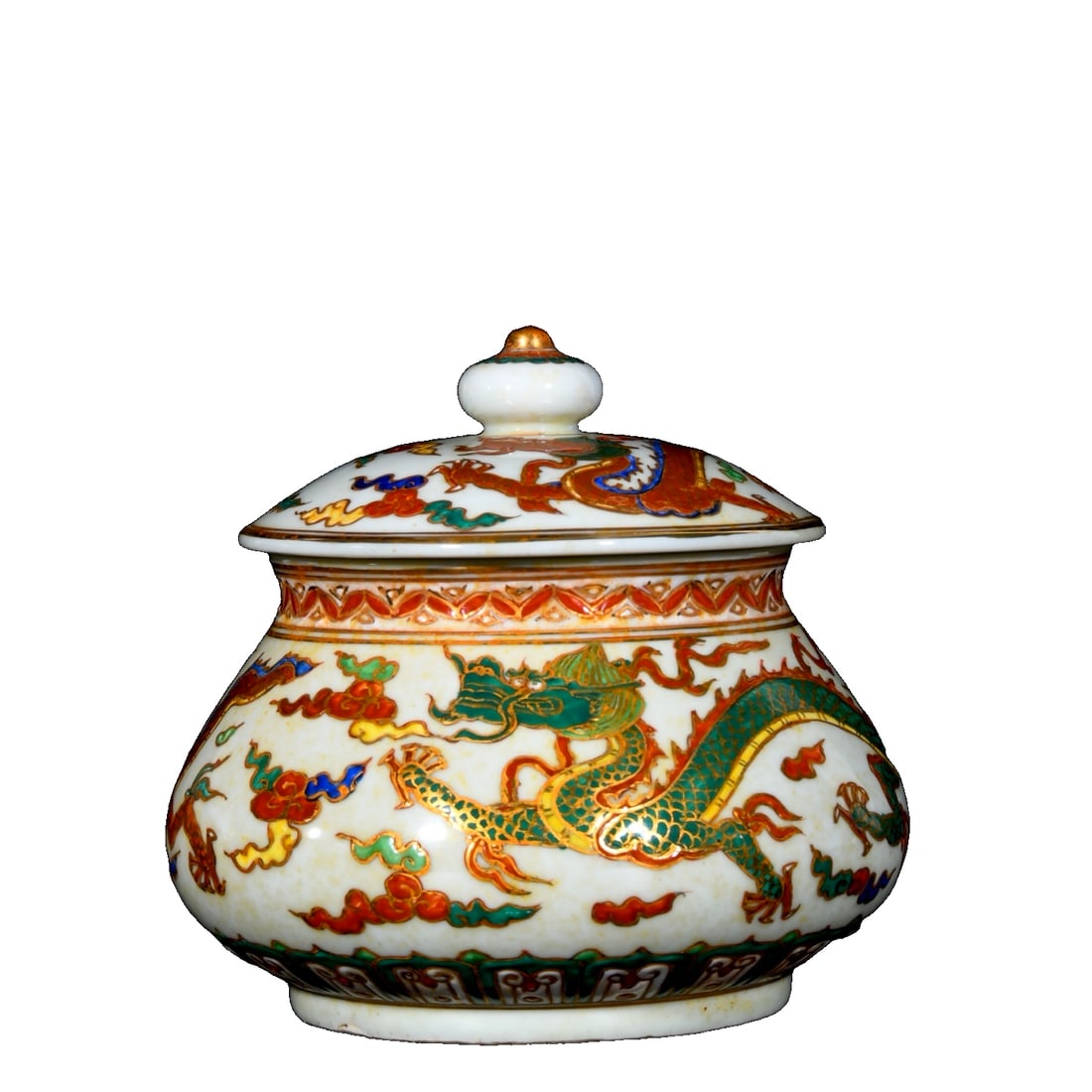 Ming Xuande five-colored gilt dragon pattern covered jar (1 of 10)