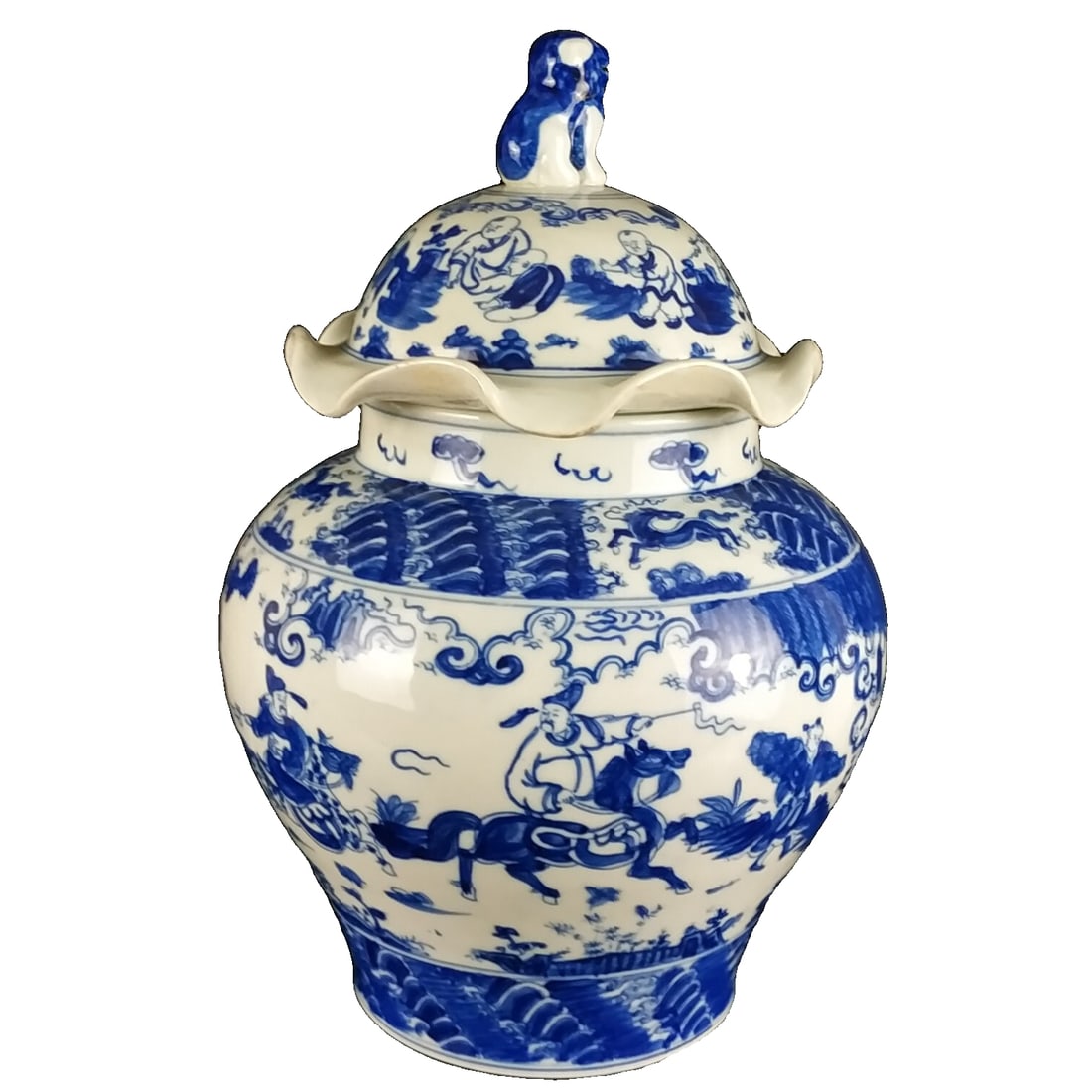 Ming Dynasty Chenghua blue and white hand-painted figure story lotus leaf covered jar (1 of 10)