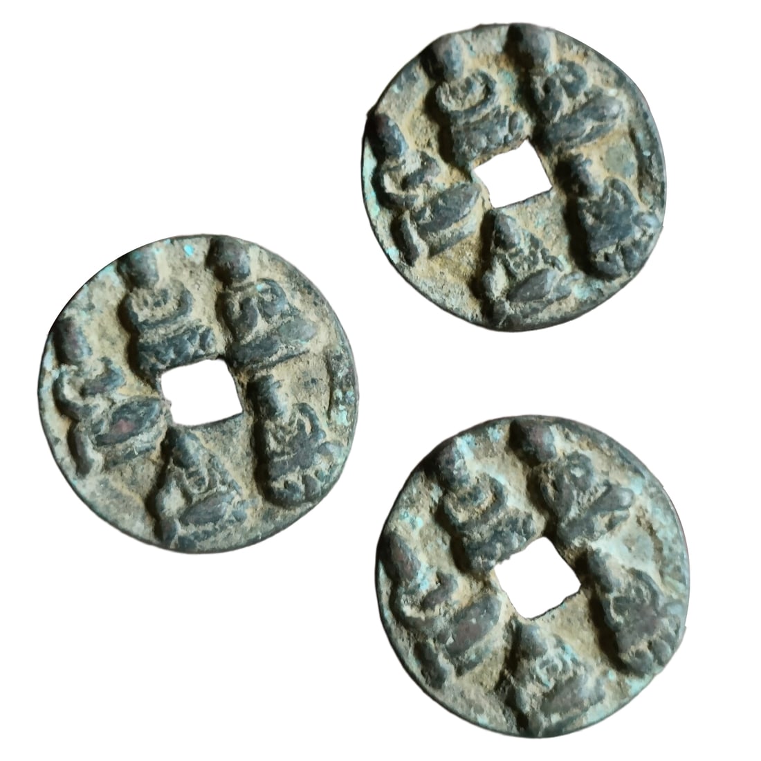 Three rare antique copper coins depicting the Five Buddhas. (1 of 10)