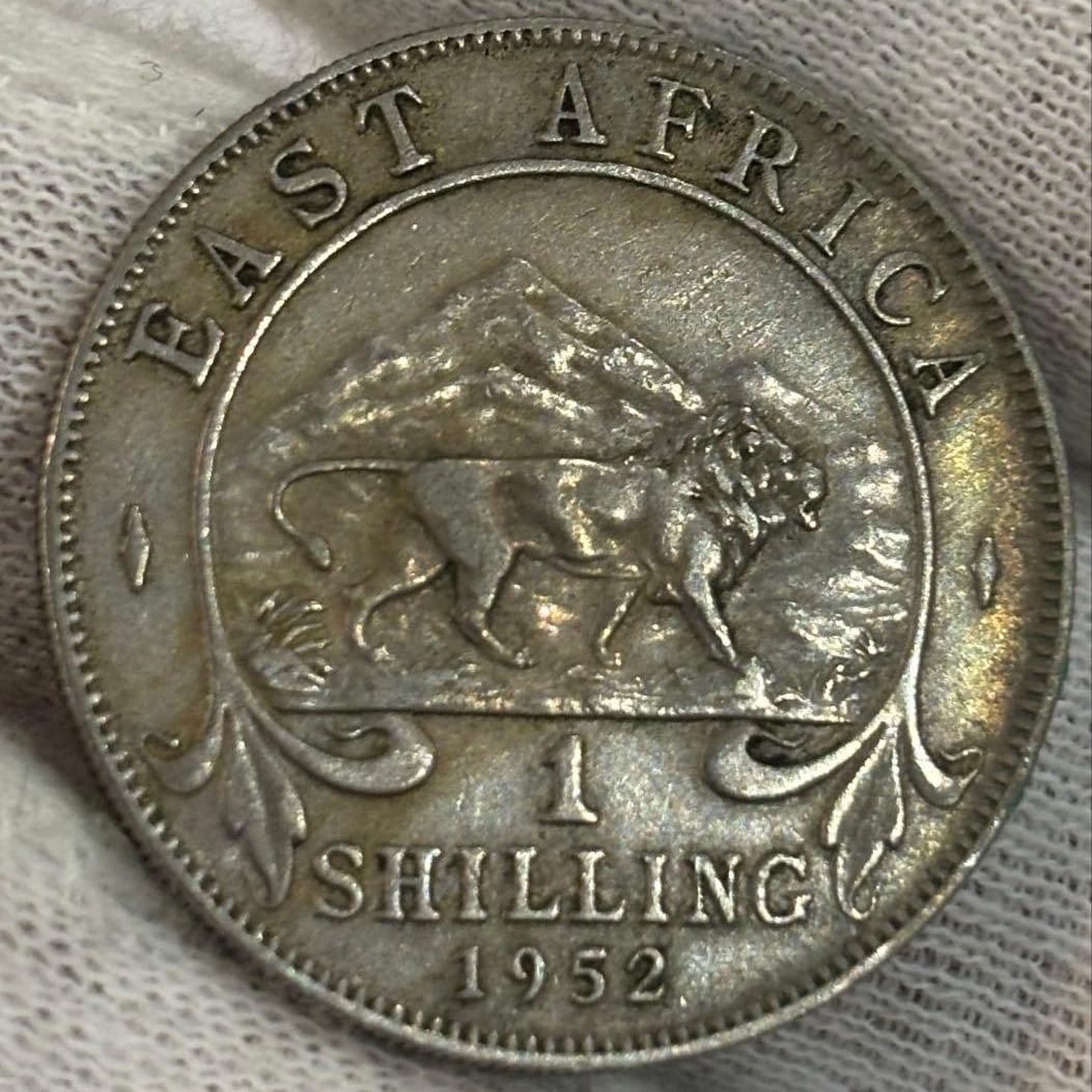 A 1952 1 shilling coin made of cupronickel alloy, the last year of King George VI's reign.: This is a 1 shilling coin made of cupronickel alloy issued in East Africa in 1952. It was the currency in circulation in the British East Africa region (Kenya, Uganda, Tanganyika, etc.) at that time.