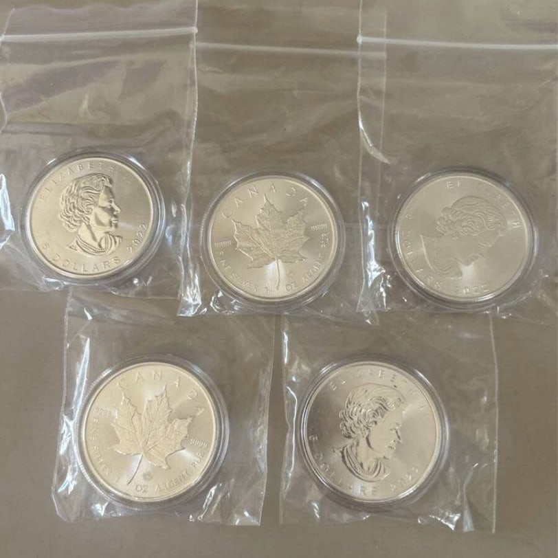 A set of 5 silver maple leaf coins. (1 of 5)