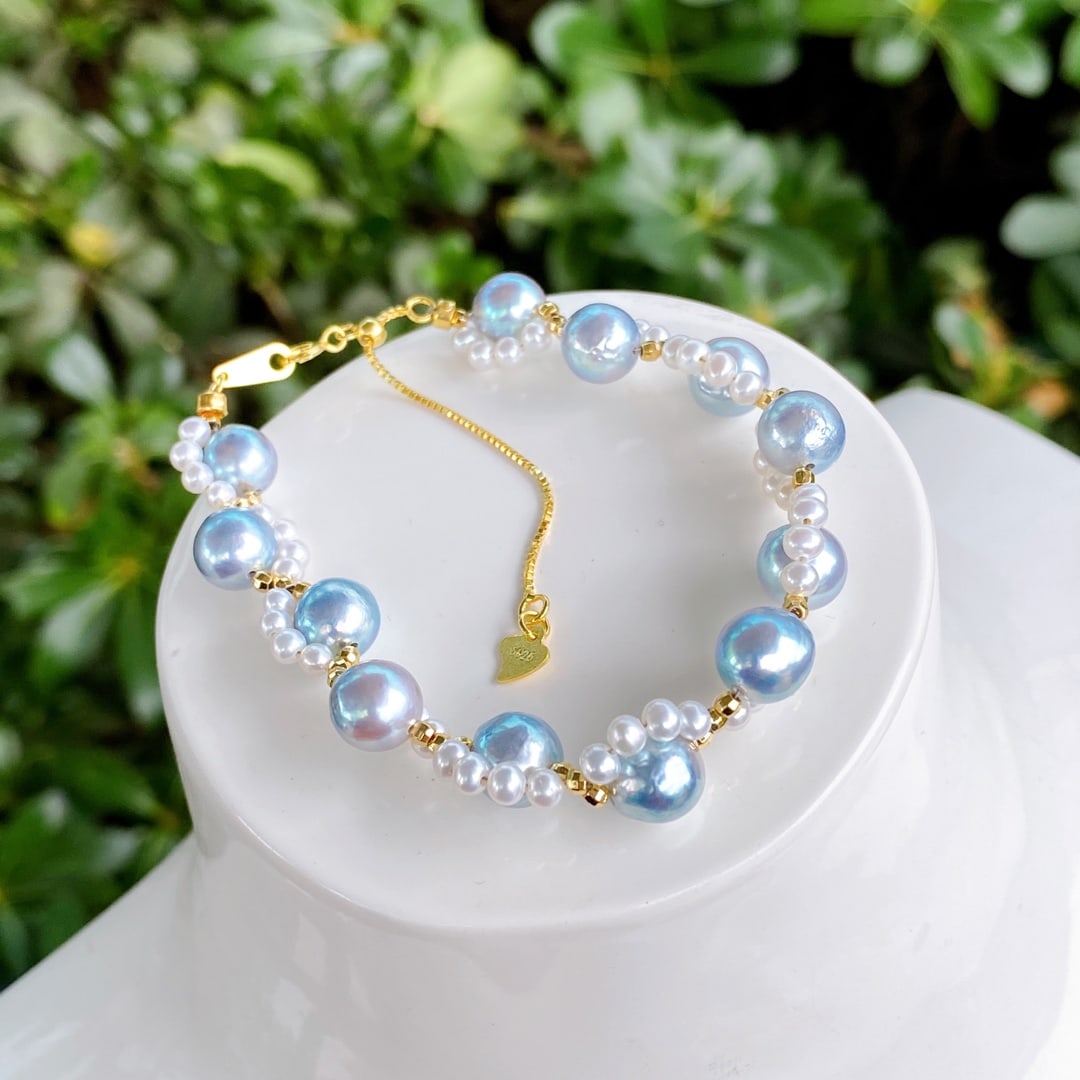 Adjustable 925 silver pearl bracelet: 7-8mm Akoya baroque seawater pearls, 3-4mm nearly round, basically flawless aurora, vintage lace woven bracelet, 925 sterling silver adjustable tail chain