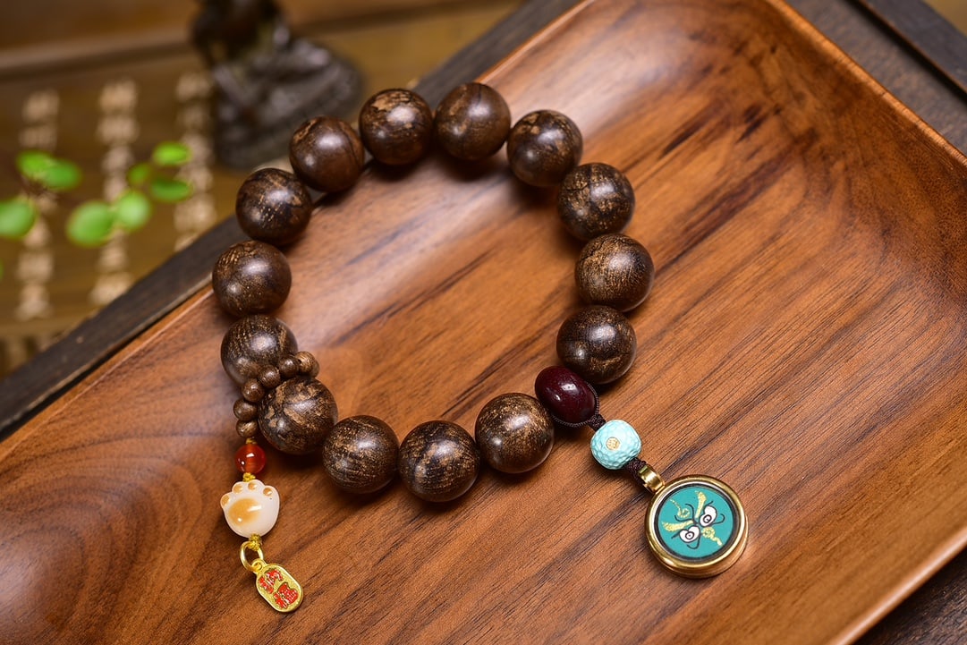 Natural Agarwood Bracelet: This exquisite bracelet is made of natural wild aged agarwood, with each bead being full and rich, displaying a black oily agarwood. Each bead emits a charming honey fragrance, mixed with a sweet flor