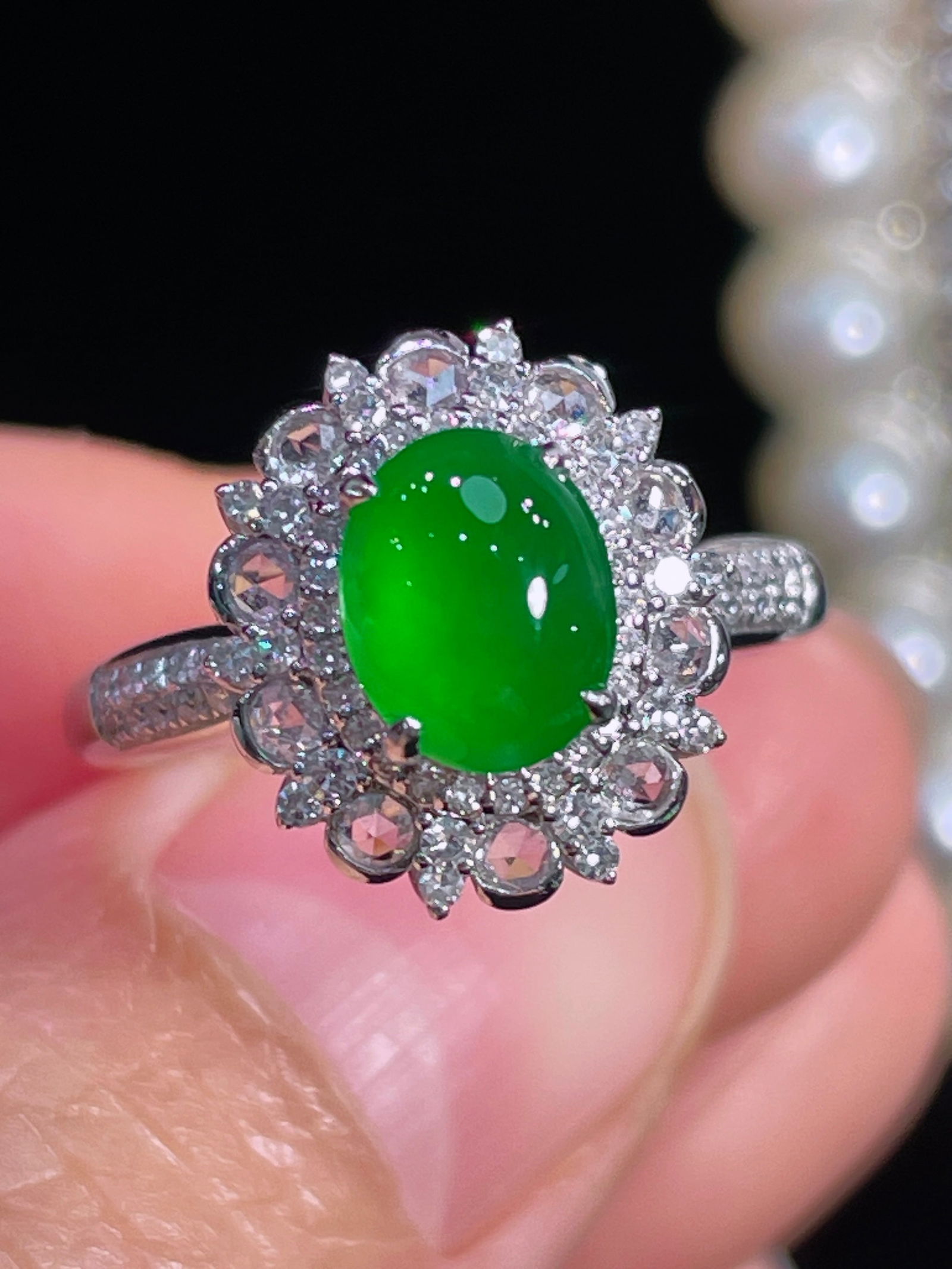 18k Gold Diamond Jadeite Ring: This exquisite 18k gold ring is set with a captivating full green jadeite egg noodle and adorned with sparkling diamonds. Its delicate and smooth design exudes timeless elegance, making it the