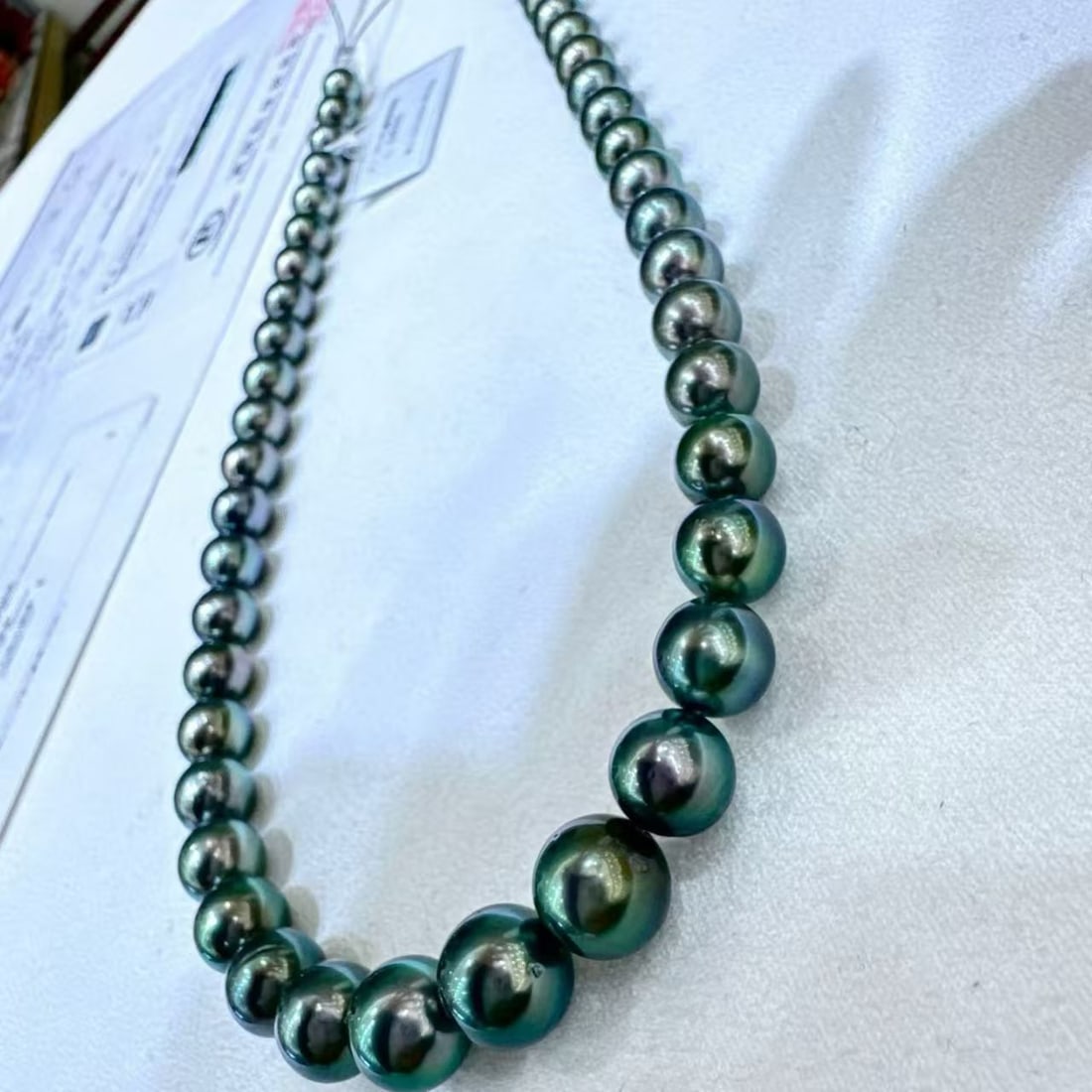 Peacock green pearl necklace: This peacock green pearl necklace stands out among many pearl necklaces for its unique color and strong luster. The clear and bright peacock green hue gives the wearer a distinctive elegance and charm