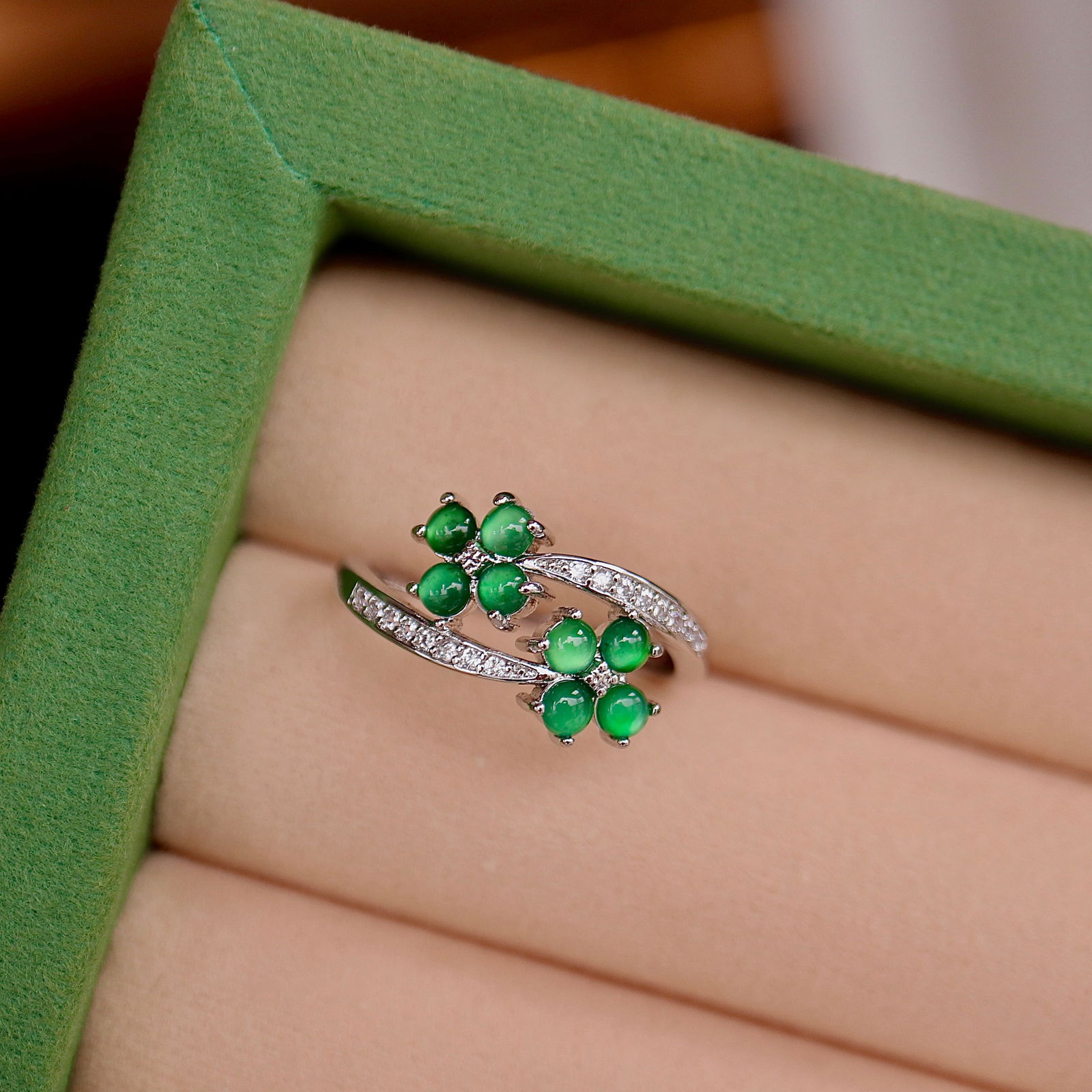 Jadeite double four-leaf clover ring - 6