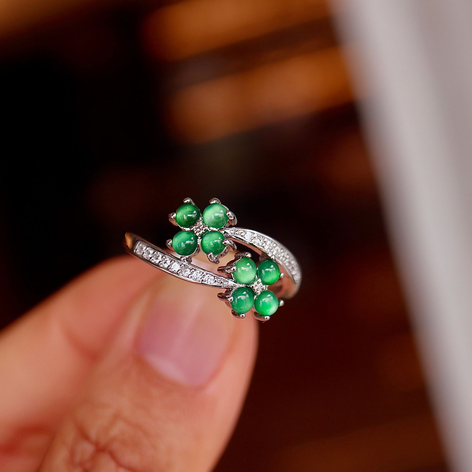 Jadeite double four-leaf clover ring - 7