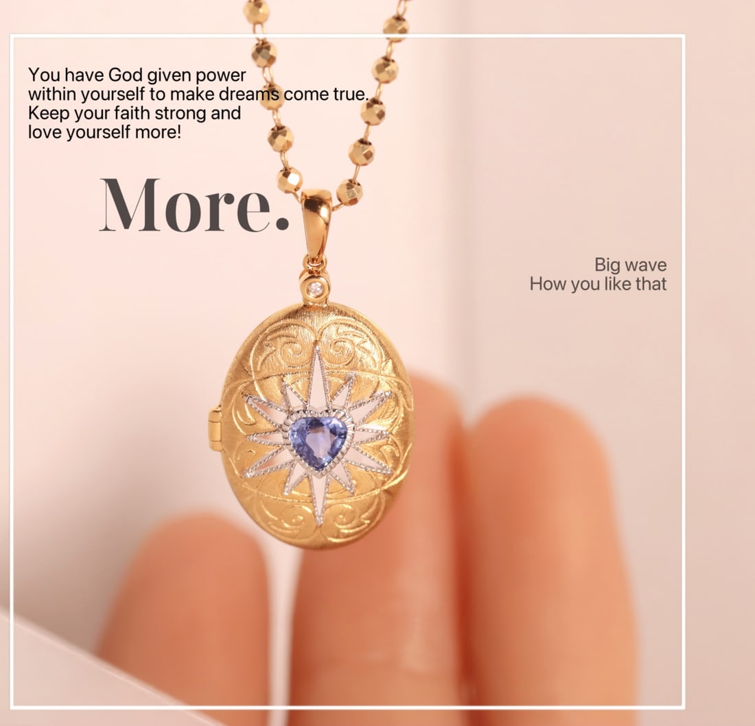 18K gold diamond sapphire pendant: This pendant is meticulously crafted in 18K gold, set with stunning blue sapphires that exhibit a beautiful play of colors, truly breathtaking. The hand-carved vintage and elegant design seems to tran