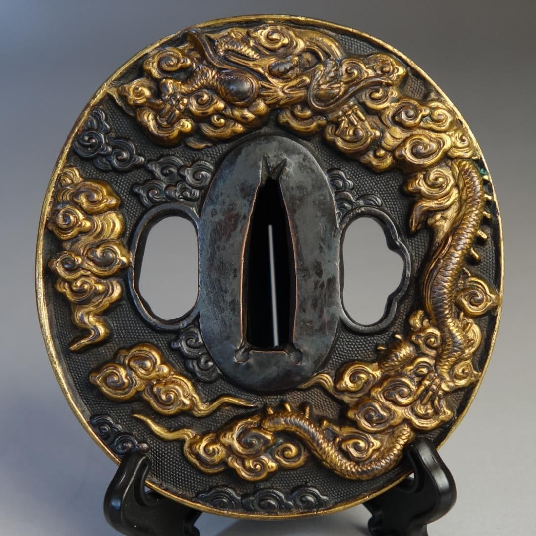 Cloud Dragon Tsuba – Red Copper Nanako Background, High-Relief Carving, Gilded (With Tsuba Box & (1 of 19)