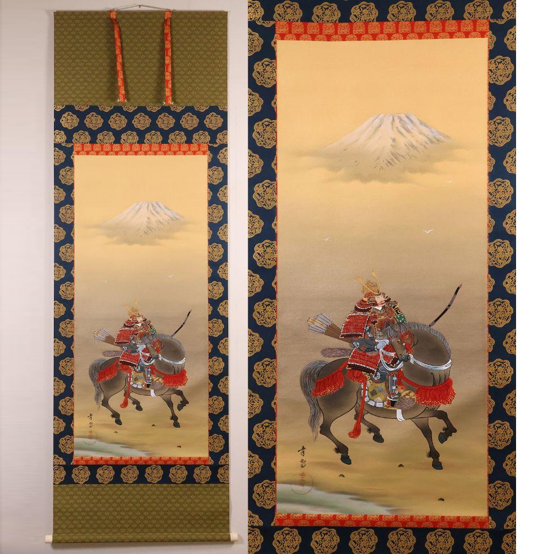 Kunikai Kosetsu – Warrior Figure – Silk Hanging Scroll – Mount Fuji & Gold Ink (1 of 20)