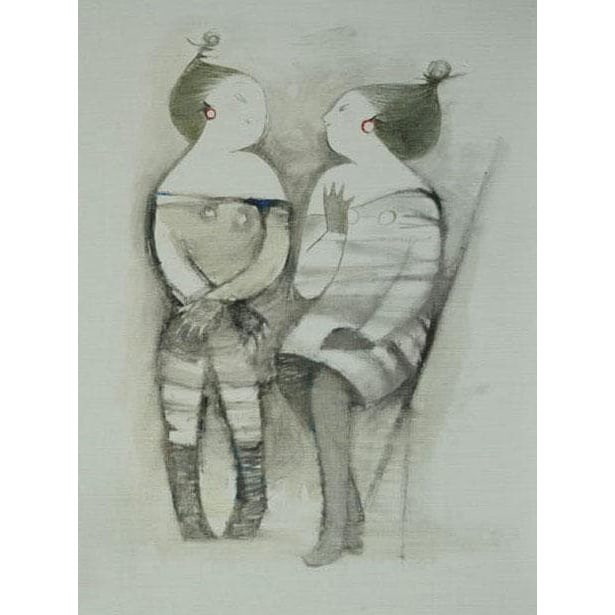 Oil Painting by Reiko Kanke – Conversation: Artwork Details Artist:Reiko Kanke – Painter & Creative Photographer Title / Theme: Conversation – Portrait of Women Year: 2012 Medium: Oil on canvas Size: 41 cm × 32 cm Signature: Artist-signed