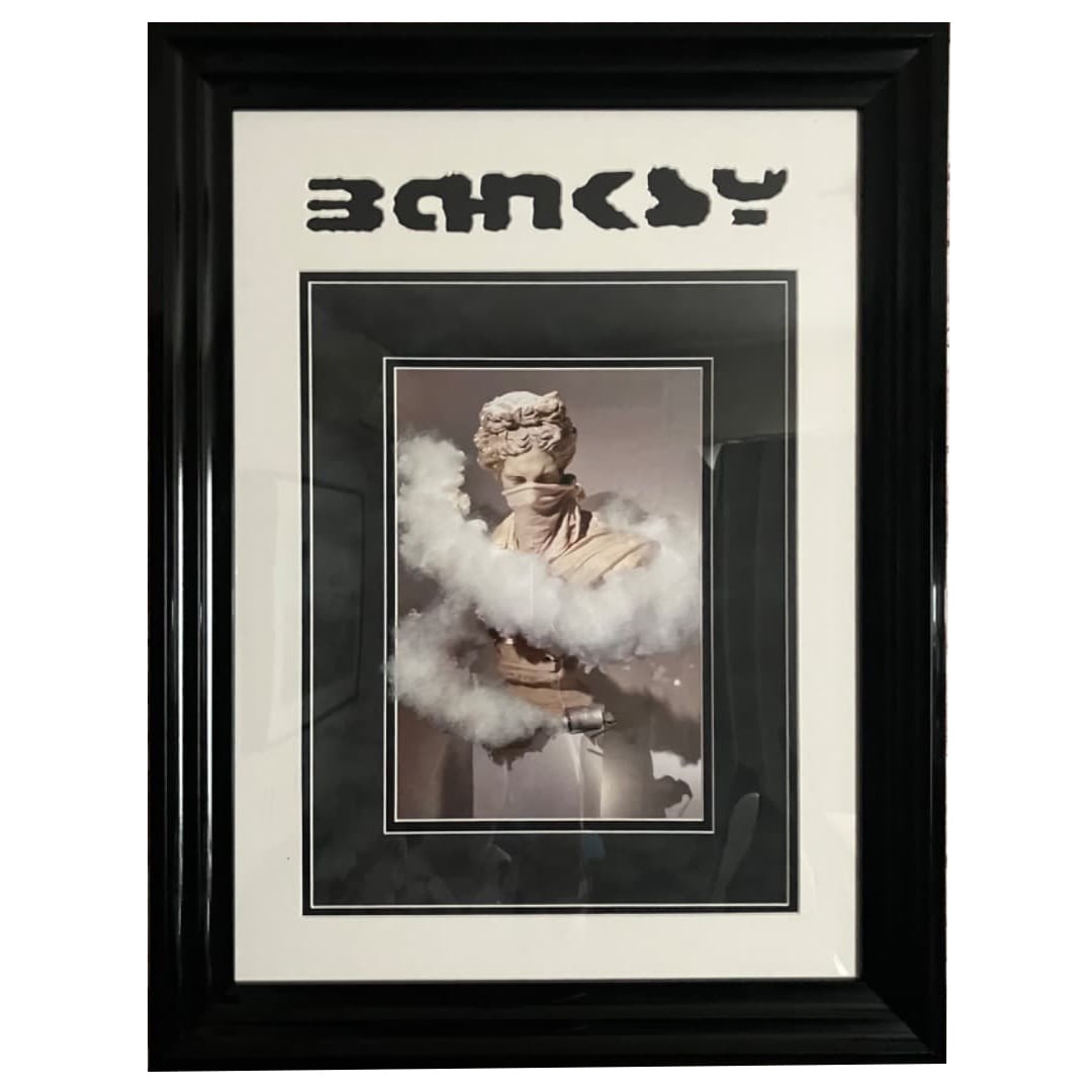 Banksy – FLUFF OBTAINED AT CutAndRun with COA: Artwork Details Artist: Banksy Title: FLUFF OBTAINED FROM SCULPTURE AT CUT AND RUN 2023 Medium: Silk screen with real cotton incorporated from the tear gas cloud surrounding the David sculpture at the