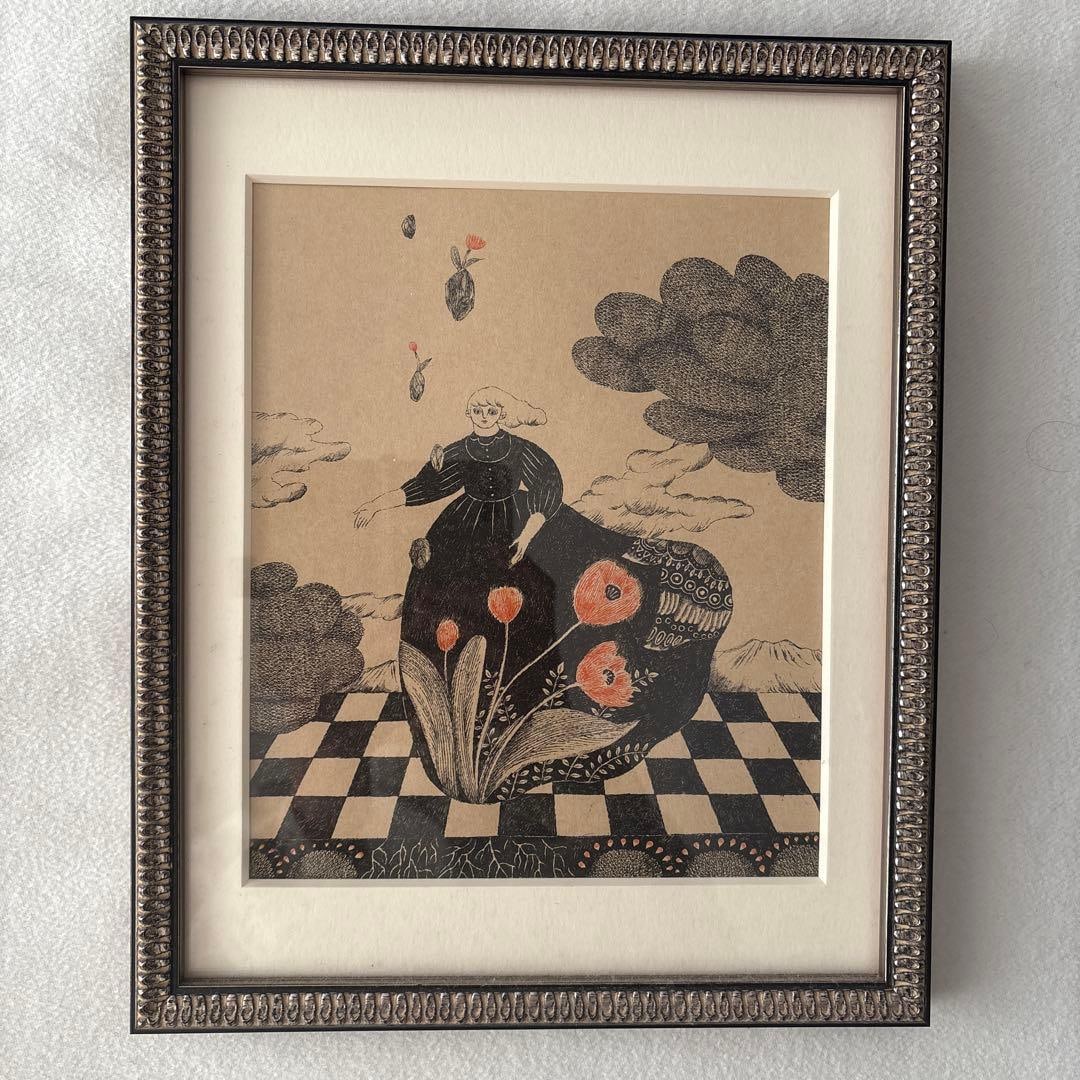 Sanae Sugimoto – Original Illustration (Framed): Description Artist: Sanae Sugimoto Title: Ishi wo Hanasu II (Releasing the Stone II) Medium: Hand-drawn illustration using ink and pen Theme: Women and flowers Style: Delicate, expressive illustration