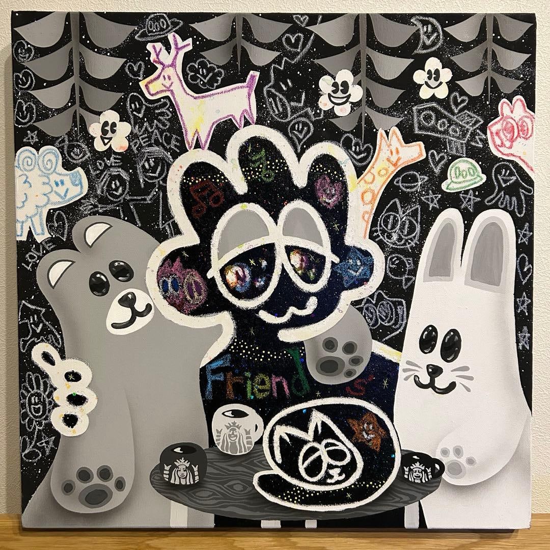 YUSUKE TODA – Original Artwork: Description Artist: Yusuke Toda Title: YUM's Coffee Time Year: 2022 Medium: Acrylic and oil stick on canvas Size: 530 × 530 mm Certificate: Comes with Certificate of Authenticity (COA) Condition: Sto