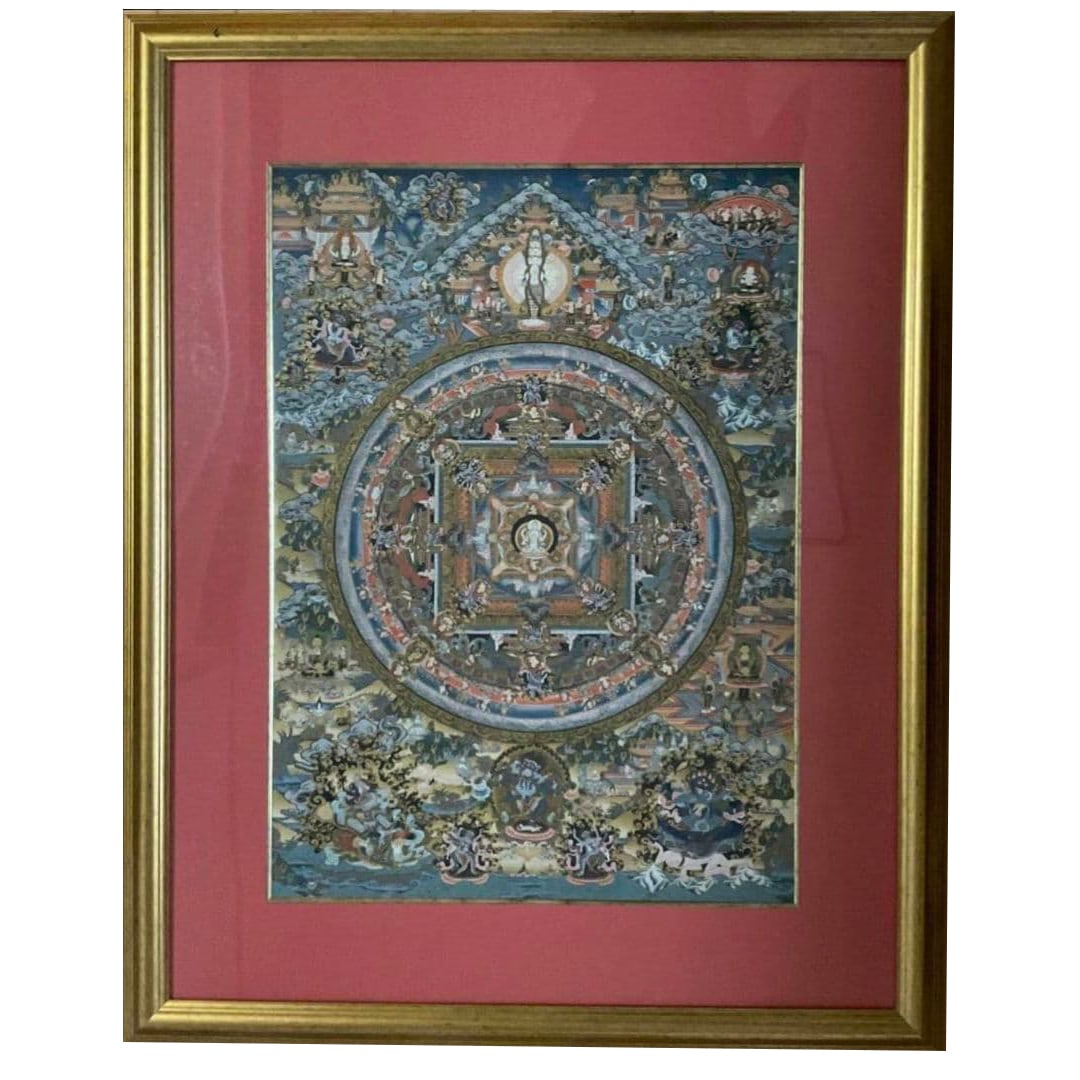 Mandala – Large Hand-Painted Original Artwork: Origin: Purchased in Nepal, 2003; professionally framed in Japan Medium: Hand-painted with natural mineral pigments ( Iwa-enogu) on paper or canvas Features: Exquisite detailed brushwork and vibrant