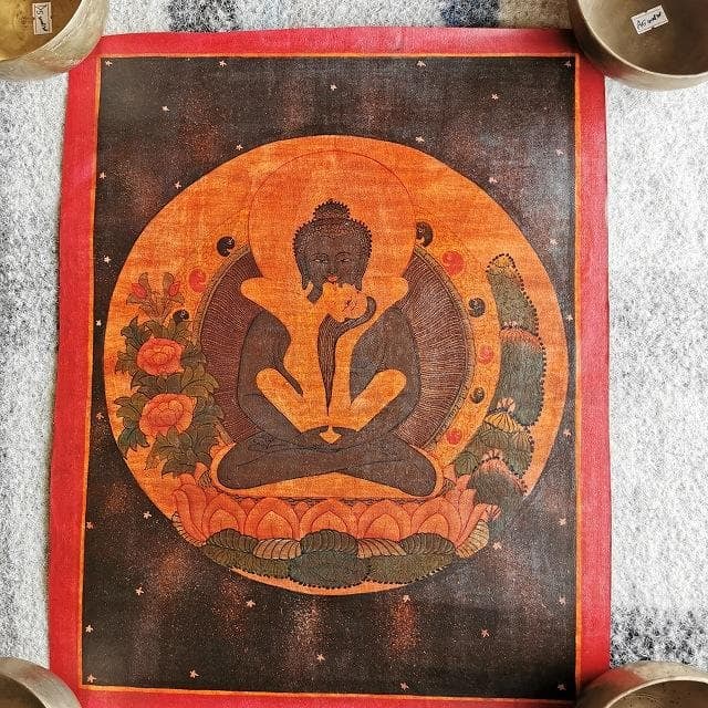 Samantabhadra Bodhisattva – Yab-Yum / Vajra Couple Thangka (Tibetan Buddhist Painting): This is a Tibetan-style thangka painting depicting Samantabhadra Bodhisattva in Yab-Yum (male-female union) form, symbolizing tantric and cosmic principles. A spiritually powerful piece that embodies