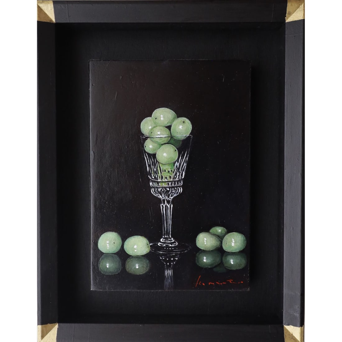 Harmony – Original Oil Painting on Canvas, 2025, SM Size, Japanese Contemporary Artist, Still: This original oil painting titled Harmony (2025) depicts grapes and a glass, rendered on a small SM-sized canvas (25.5 × 32.5 cm) with striking presence. The artist captures the shine and elegance of