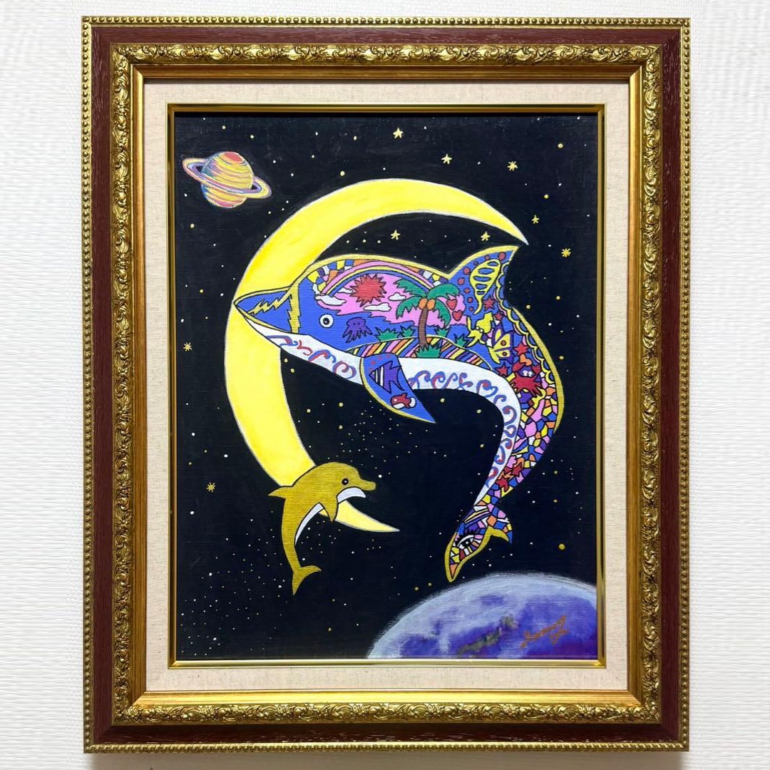 Jimmy Onishi (b.1964) Dolphin – Bringer of Luck Oil on Canvas, F6, Double Signed, Original: Offered here is an original oil painting by renowned Japanese artist Jimmy Onishi titled Dolphin – Bringer of Luck. This work is guaranteed to be a hand-painted original (nikuhitsu). Executed in oil