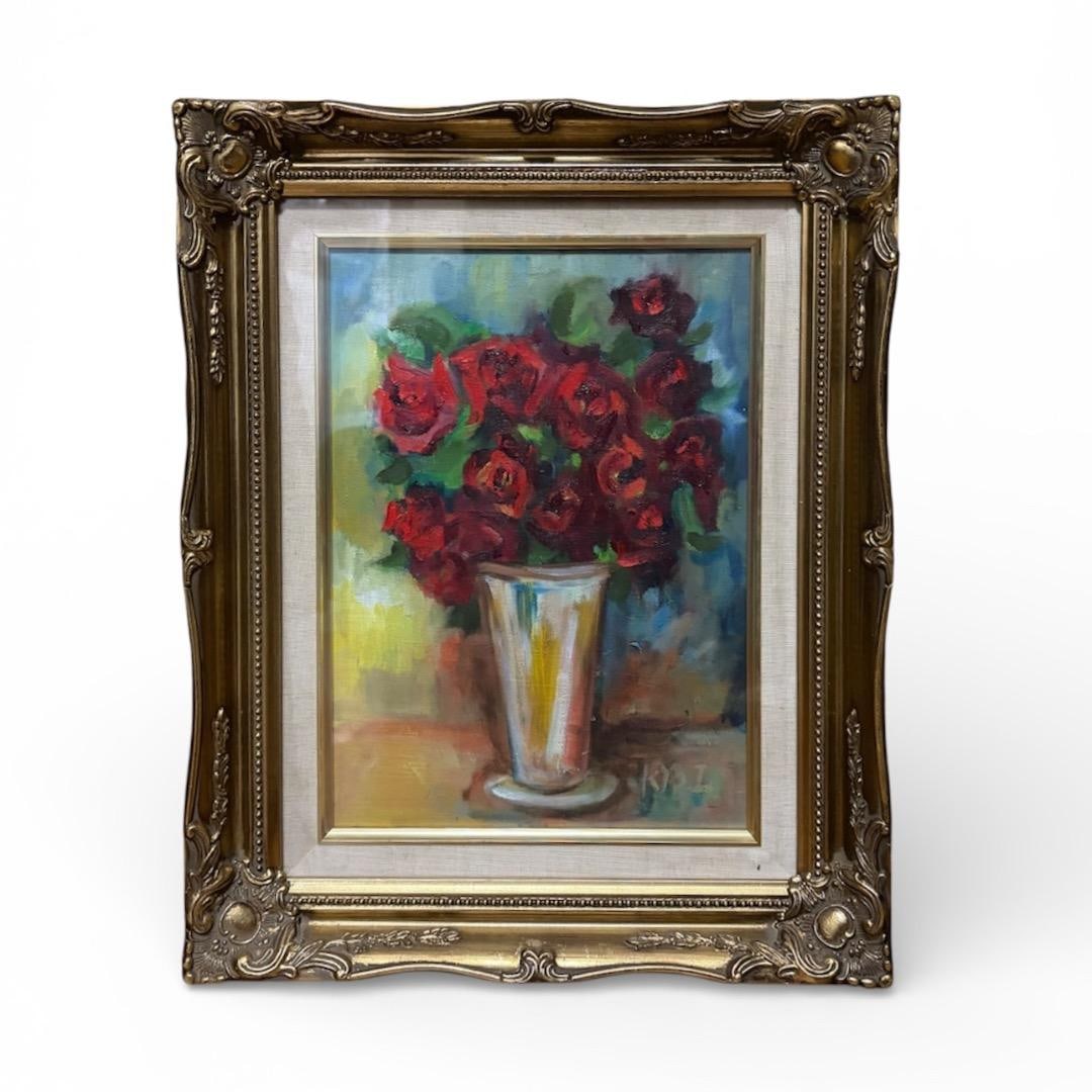 Red Roses Original Oil Painting, Signed, Heavy Impasto, Ornate Framed Still Life: An original oil painting titled Red Roses, presented in an ornate decorative frame. This passionate still-life composition brings elegance and vibrancy to any interior. The richly applied impasto tech