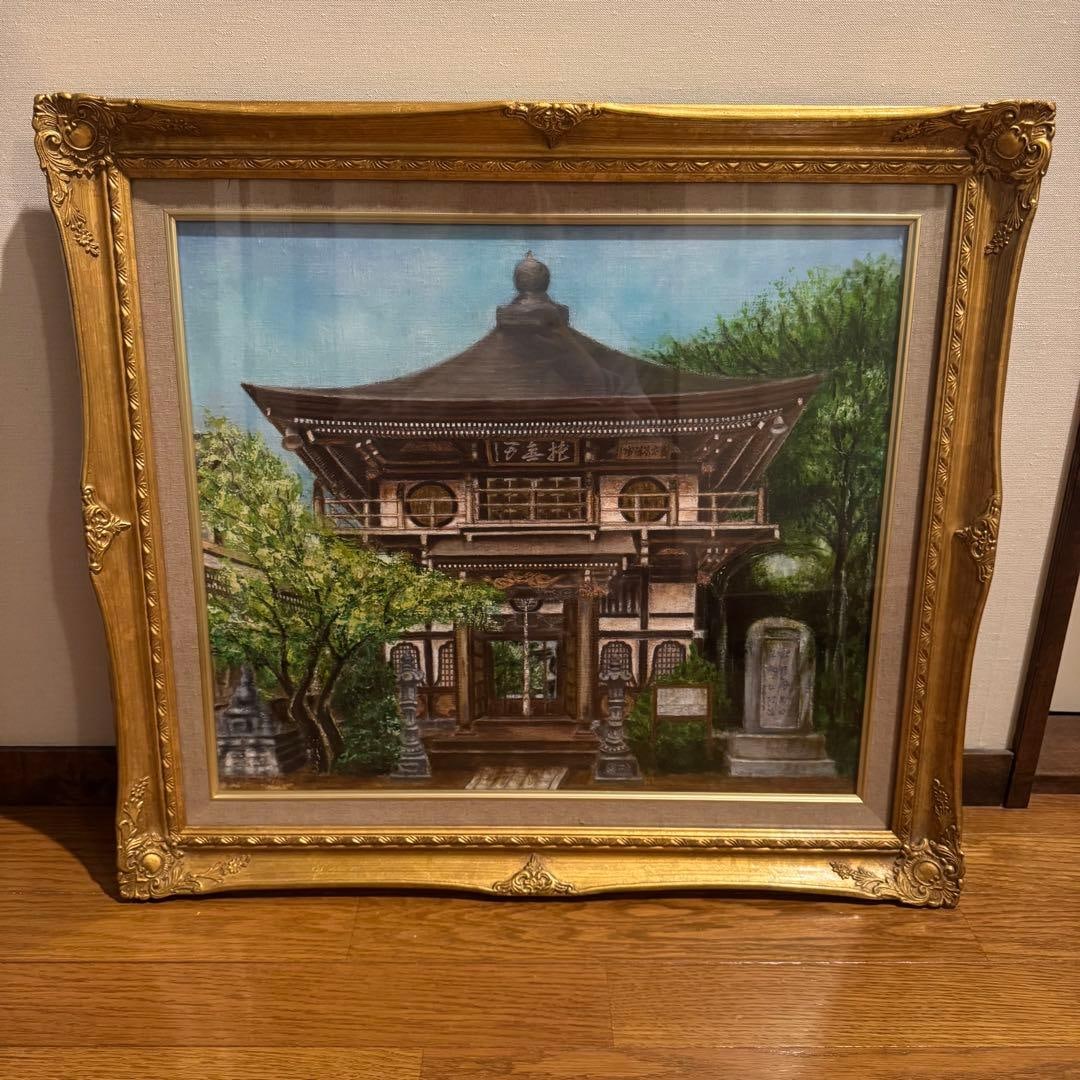 ChOzen-ji Temple Landscape Oil Painting, Size 10, Framed: An original oil painting depicting ChOzen-ji, a temple designated as a Tangible Cultural Property of Ibaraki Prefecture. This landscape composition portrays the historic atmosphere and architectural c