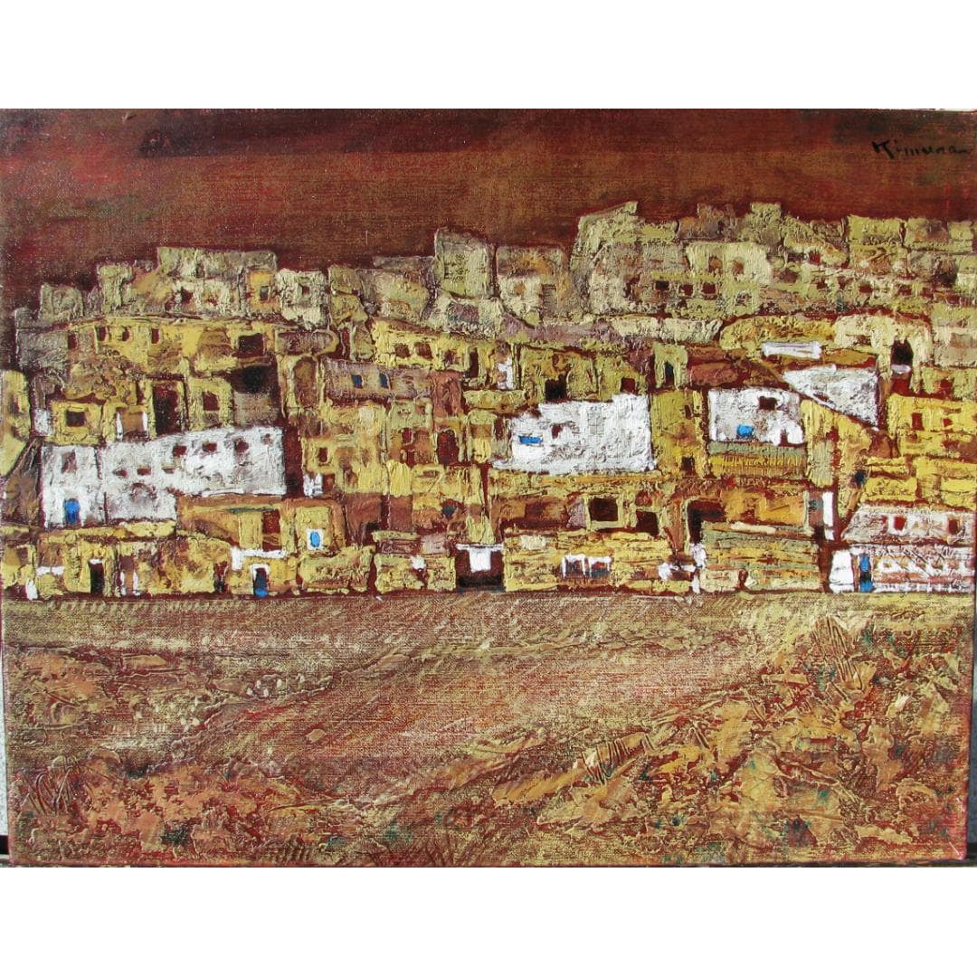 Jiro Kimura (b.1936) Berber Village, Tunisia, F6 Oil on Canvas, Authenticity Guaranteed: An original oil painting titled Berber Village, Tunisia by Japanese avant-garde artist Jiro Kimura, authenticity guaranteed. Born in Hyogo Prefecture in 1936, Kimura graduated from Sumoto High School