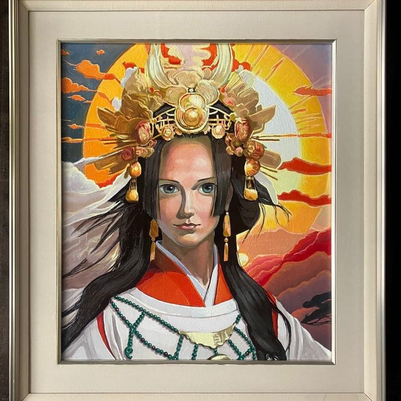 Portrait of Amaterasu Omikami, Oil on Canvas, F10 (53 × 45.5 cm), Unframed: An oil painting depicting Amaterasu, the supreme deity of Japanese mythology as recorded in the Nihon Shoki and the Kojiki. Amaterasu Omikami is revered as the sun goddess and mythological ancestress