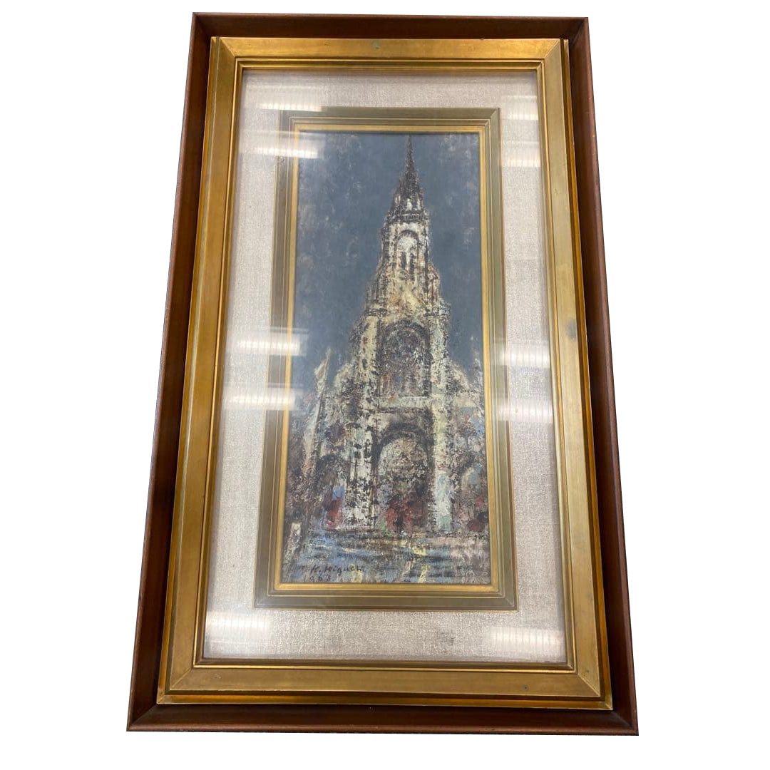 Attributed to Karoku Higuchi Temple in MEnilmontant Oil on Canvas, Signed, Large Framed Landscape: An oil painting titled Temple in MEnilmontant, attributed to Japanese artist Karoku Higuchi. The work features a European landscape scene believed to depict MEnilmontant, an area in Paris. The composi