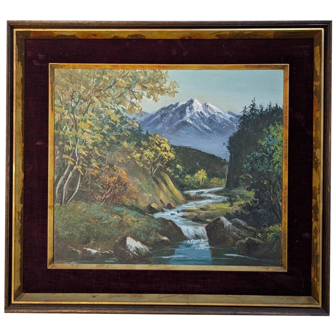 Clear Stream and Snow-Capped Peaks Oil Painting Framed Landscape, Z180 (1 of 7)