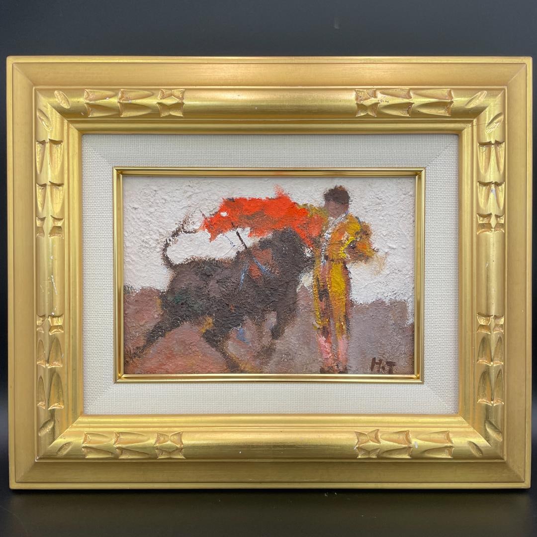 Authentic Guaranteed Haruo Tomonari Bullfighting Original Oil Painting, SM Size, Signed & Framed: An original oil painting titled Bullfighting by Haruo Tomonari. This powerful work captures the dramatic tension and dynamic movement of the bullring through bold impasto technique. Thickly applied pa