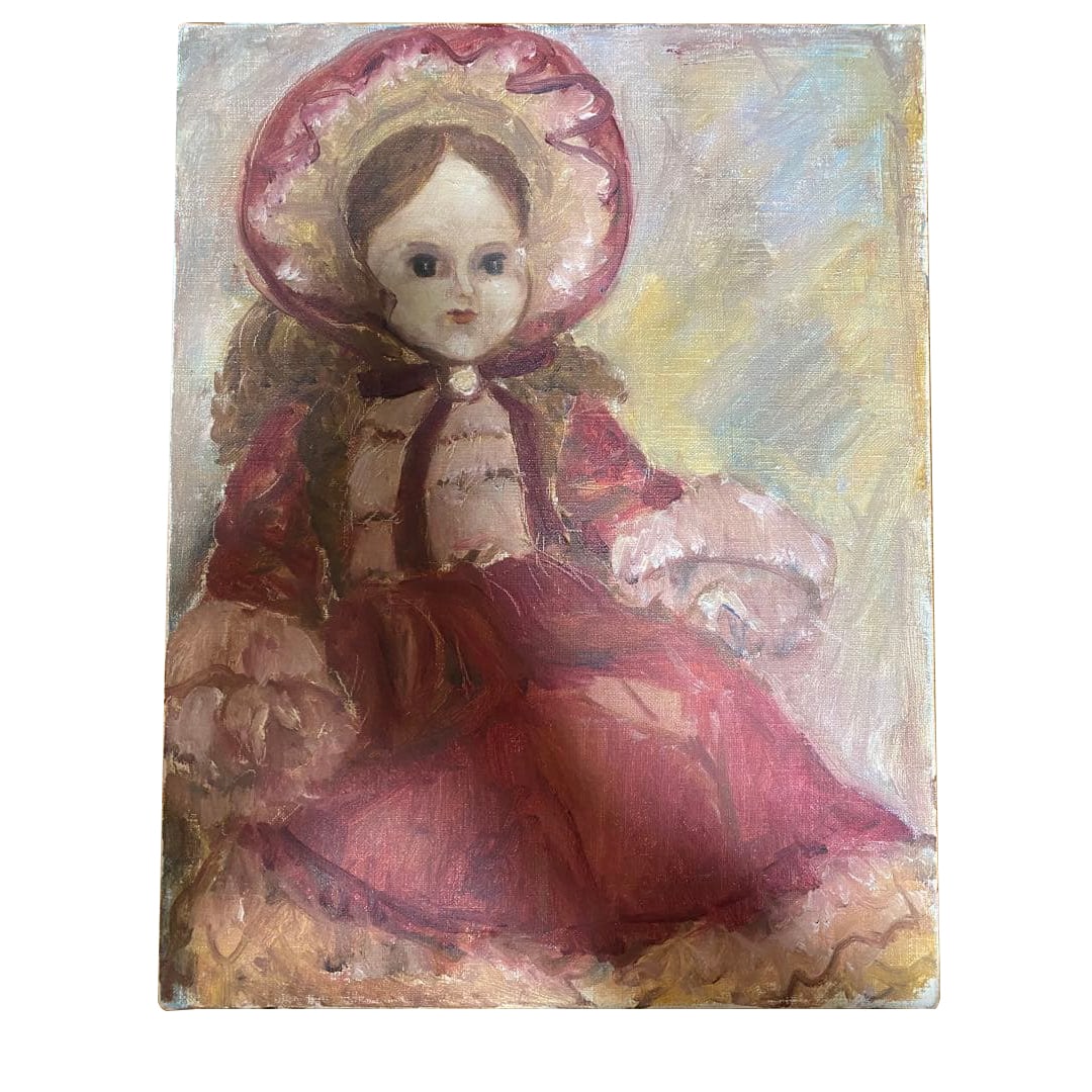 Oil Painting of a Doll in a Red Dress – Approx. 32 × 41 cm: An original oil painting depicting a doll wearing a vivid red dress, signed or attributed to M. Funayama, a recognized artist with numerous works. Some pieces by the artist have undergone after-painti