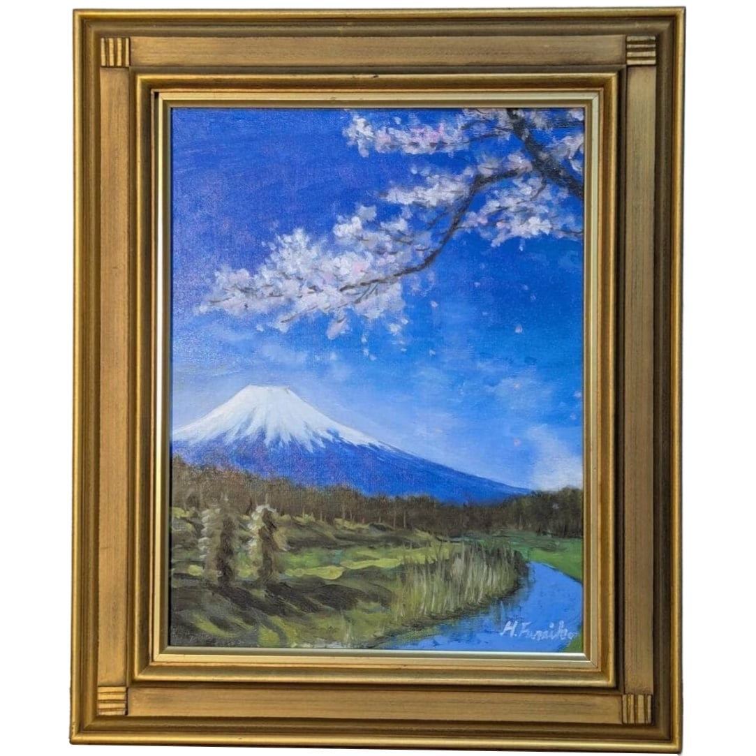 Oil Painting (F6) Mount Fuji and Cherry Blossoms – Framed Landscape: This is an oil landscape painting depicting Mount Fuji and blooming cherry blossoms. The majestic snow-capped mountain stands prominently in the distance, conveying strength and tranquility, while the