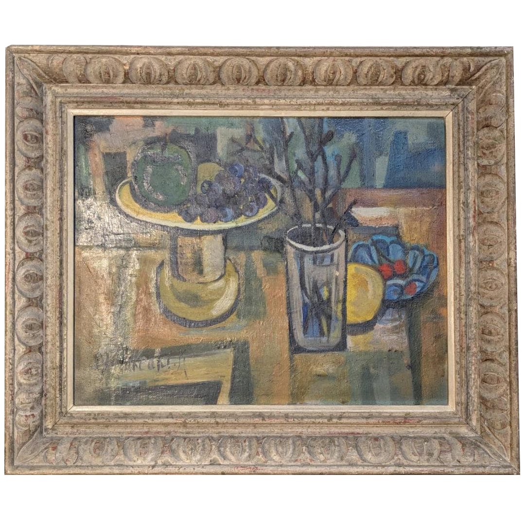 Still Life with Fruit and Vase, Oil on Canvas, F6, Antique-Style Frame: A classical still life oil painting depicting fruit arranged beside a decorative vase. The composition reflects traditional European-inspired still life aesthetics, with balanced placement and warm to