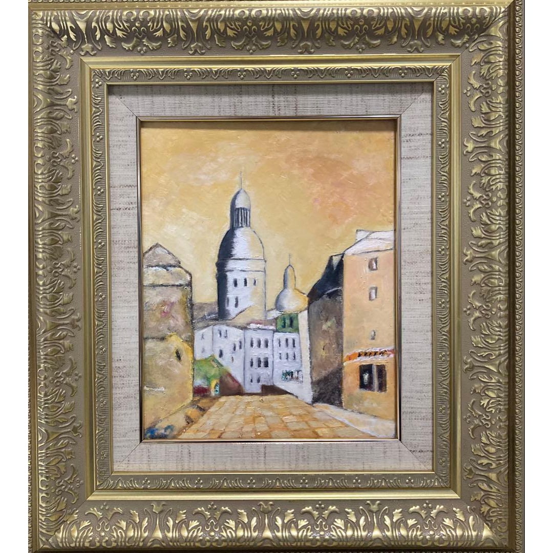 French Street Scene with Domed Architecture, Oil on Canvas, F3 (Unframed): A bright and atmospheric oil painting depicting a French street scene featuring a domed architectural structure. The composition is rendered in luminous tones, capturing the charm and elegance of a Eu