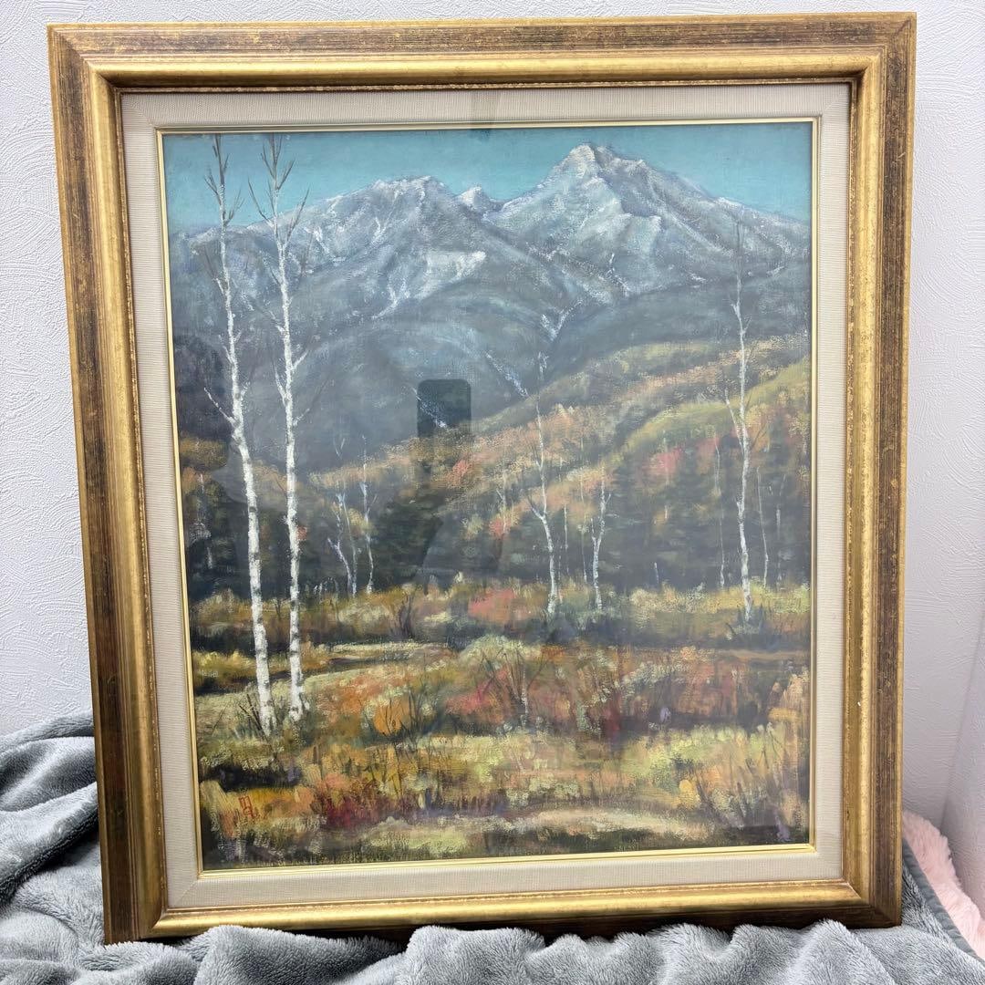 Original Landscape Painting, Birch Trees and Mountains, Oil on Canvas, Signed, Framed: An original hand-painted landscape depicting birch trees set against a mountainous backdrop. The composition is rendered in calm, balanced tones, creating a serene natural atmosphere suitable for inte