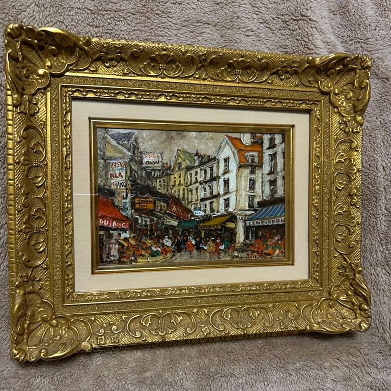 Yoshinori Nakanishi Rue Mouffetard Oil on Canvas, SM Size: An oil on canvas painting titled Rue Mouffetard by Japanese artist Yoshinori Nakanishi. The work depicts a charming European street scene, likely inspired by the historic Rue Mouffetard in Paris. Exec