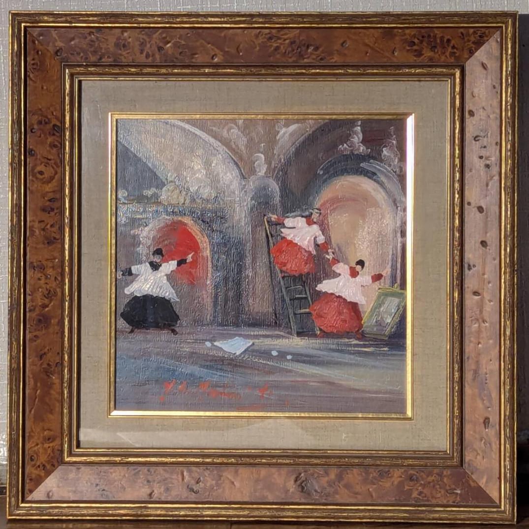 Dancing Scene, Oil on Canvas, Red and White Costumes, Framed: An oil on canvas painting depicting a lively dance scene featuring figures dressed in striking red and white costumes. The composition captures a moment of movement and rhythm, with bold color contras