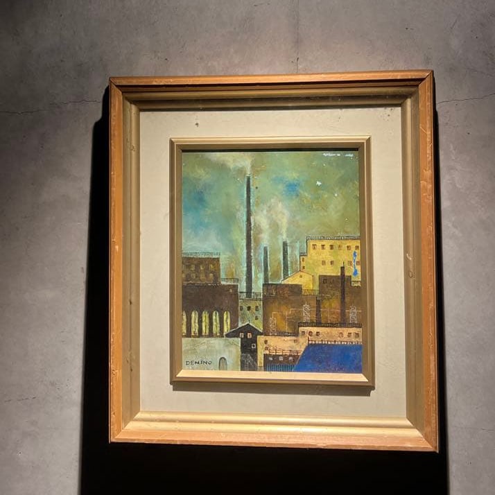 Den Inoue (Signed DEHINO ), Industrial Landscape, Oil on Canvas, Framed: An original oil on canvas landscape painting by Japanese artist Den Inoue, bearing the handwritten signature DEHINO. The work portrays an industrial factory scene set beneath a bright blue sky. The co