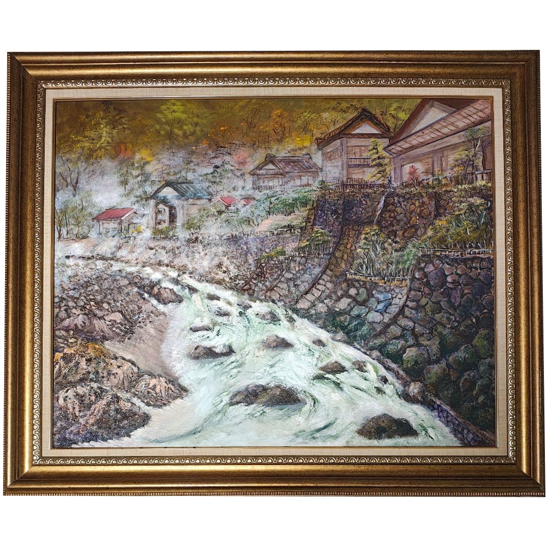 Large F30 Oil Painting, Showa-Era Onsen Town Scene, Retro Japanese Travel Atmosphere, Framed: A large-scale oil painting depicting a nostalgic hot spring town, filled with rising steam and the quiet charm of a bygone era. The composition evokes the atmosphere of Showa-period travel in Japan. O