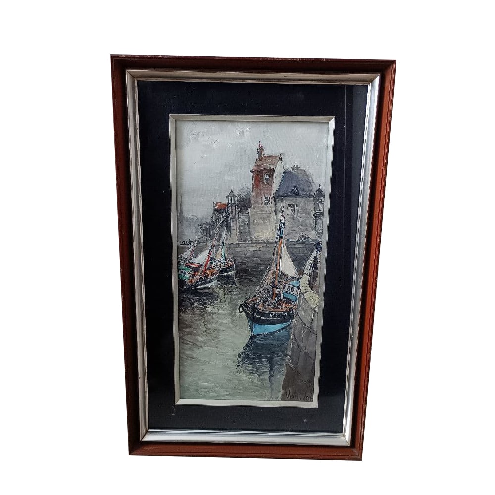 Van Lod (French), Harbor Town Landscape, Oil on Canvas, Signed, Framed: An oil on canvas harbor landscape attributed to the French artist Van Lod, signed. The painting depicts an old port town scene with docked boats, rendered in soft and harmonious tones. The gentle pale
