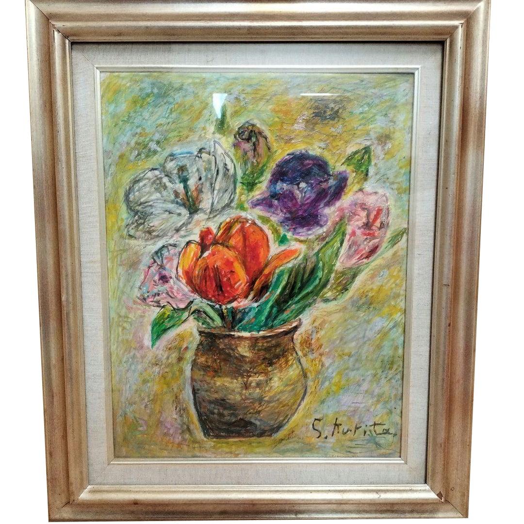 S. Kurita, Yellow Floral Oil Painting, Framed: An oil painting of flowers by the artist signed S. Kurita, characterized by a bright and uplifting yellow color palette. The warm yellow tones create a cheerful and inviting atmosphere, giving the pie