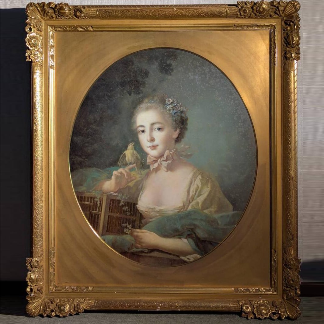 After a European School, Elegant Lady with Bird, Oil on Canvas, 20 Go, Framed: A decorative oil painting depicting an elegant noblewoman holding a bird, executed in the style of a European classical portrait. The composition presents a refined lady dressed in aristocratic attire