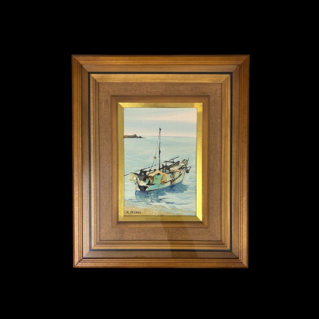 Masazo Ikuno, Boat (Izu), Oil on Canvas, SM, Framed, Signed: An original oil painting titled Boat (Izu) by Japanese artist Masazo Ikuno. This small-format SM work depicts a boat along the coast of Izu, a region well known for its scenic shoreline and maritime a