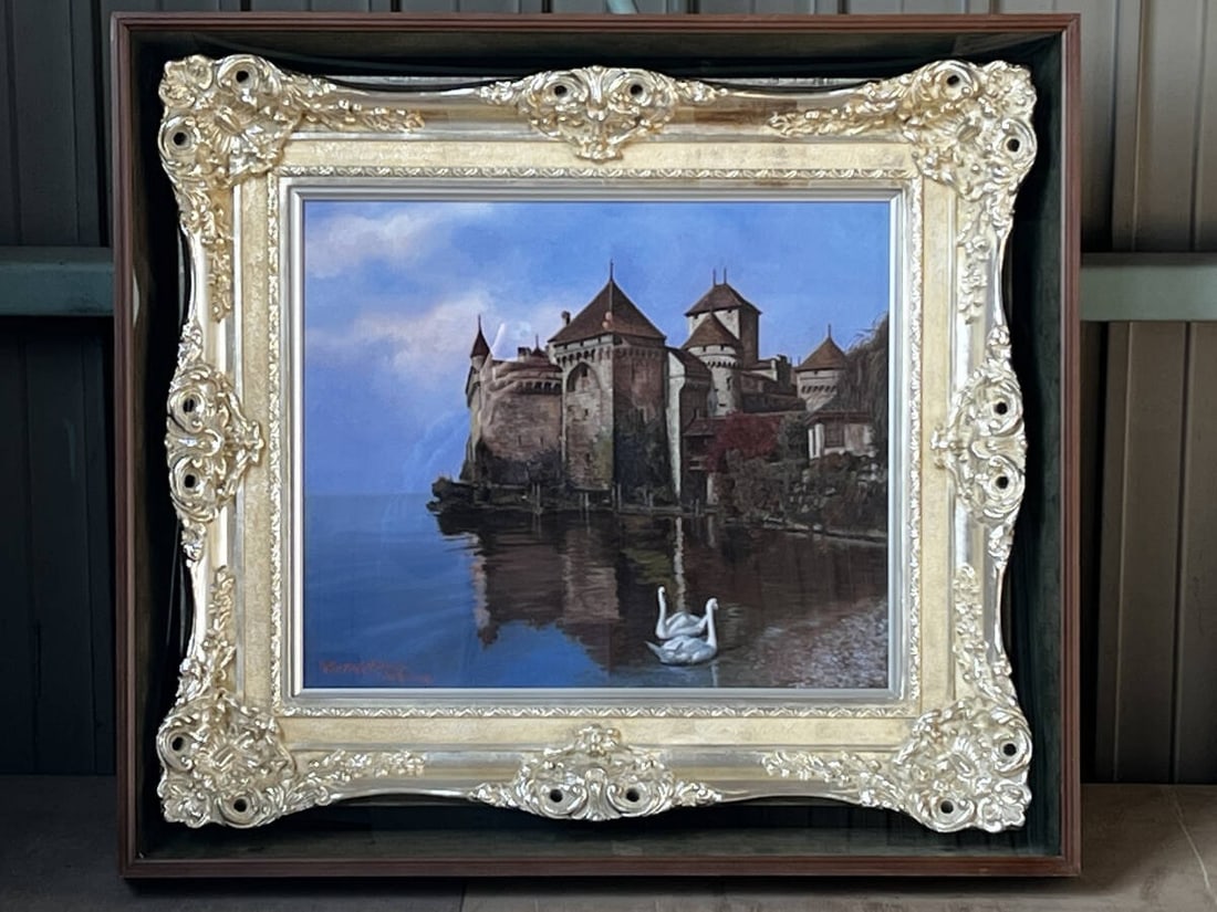 Joseph Hiroshi Nakase (1922– ) No.8 Oil Painting Zion Castle in the Rain (1978), Lake Geneva,: An original No.8 oil painting titled Zion Castle in the Rain (1978) by Joseph Hiroshi Nakase. This atmospheric work depicts Château de Chillon on Lake Geneva, Switzerland, beautifully rendered after
